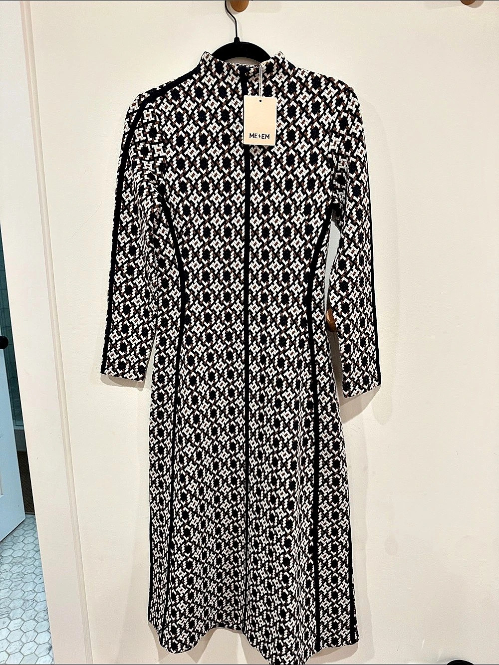 ME+EM Graphic Jacquard Fit And Flare Midi Dress Brown, Navy & White US 4 NWT